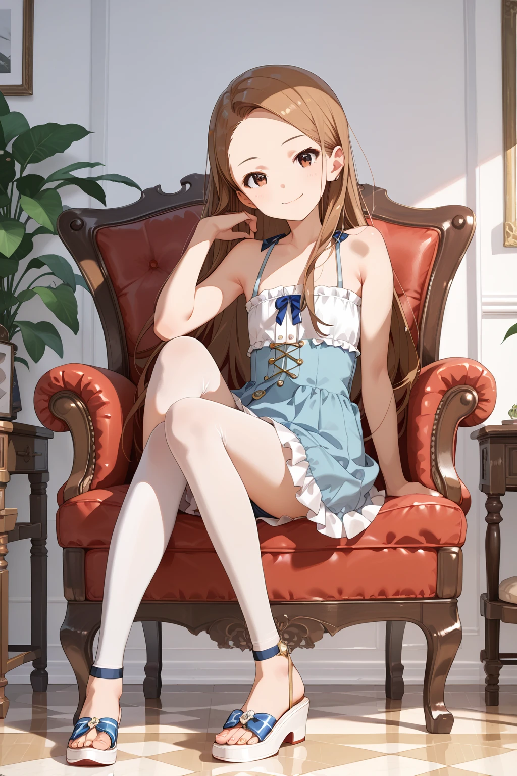 (Full Body Shot:1.5), 
(masterpiece), (Highest quality), (High resolution), (Very detailed), (Best illustrations), Best Shadow, (so beautiful:0.5), (very cute), 

(Minase Iori), 
Dark brown hair, Long Hair, amount, Hair Clip, Brown eyes, hair band, 
smile, Shyness, Pitiful, 
Small breasts, Round Breasts, Iris, round face, 

Perfect limbs, Perfect ???????, Thin legs, Five perfect fingers, Big eyes, Iris, (slender), Tight waist, 
Delicate and smooth skin, Beautiful Skin, Textured skin, Attractive body, 
smile, 恥ずかしそうなsmile, 
 
Backless maid outfit, Short skirt, ribbon, 
Blue striped underwear, White frilly underwear, 小さいribbonが付いてる下着,

(Blue background:2.0), (Blue Studio), 

(Antique nursing chair), Sitting in a big luxurious chair, Legs slightly apart, View from the front, 