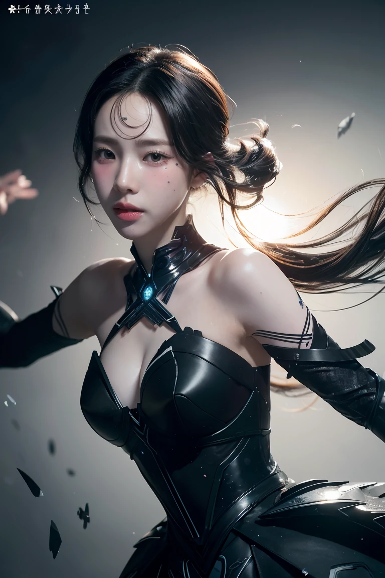 ((masterpiece, best quality)), ultra detailed 8k, photorealistic, sharp focus, highly detailed, professional lighting , shadowmancer, photo of a woman, ink particle, ((swirling black ink floating around)), futuristic fantasy, futuristic black dress, dynamic pose, realistic, masterpiece, intricate details, detailed background, depth of field,