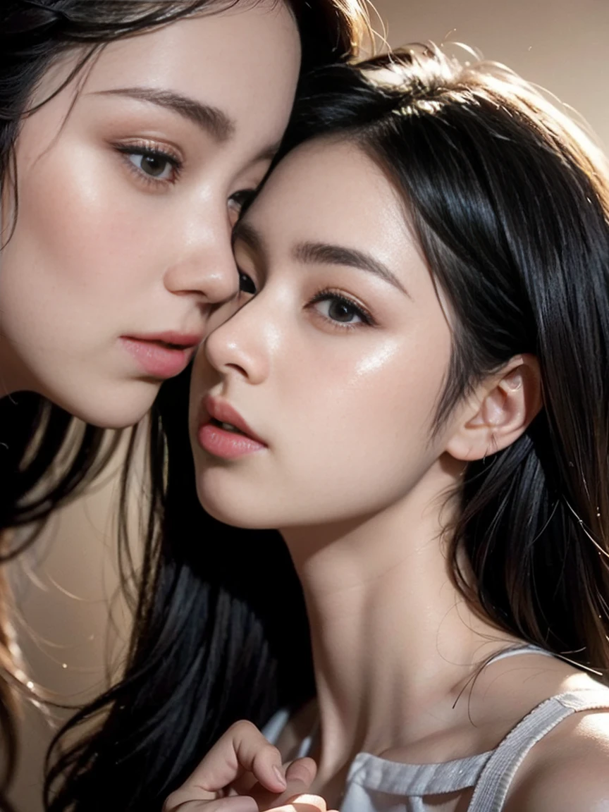 (((A side view that shows both of their bodies))),((masterpiece)),((Highest quality)),((8K)),((Ultra high definition)),((high resolution)),((detailed)),((Perfect body)),((Perfect Face)),(((Two Chinese beauties))),(((中国のprincess))),((Lesbian))、((huge breasts:1.3)),(((Two people lying down))),((Two people lay on top of each other and kiss)),princessの衣装、Very dense makeup、Jet Black Hair、Shiny Hair、Glowing Skin、Super Straight Hair、Long Hair、Bedroom、royal palace、Luxurious and gorgeous、Gorgeous hair ornament、gold、((Bedroomで横になっている))、Royal Family、Yang Guifei、princess、