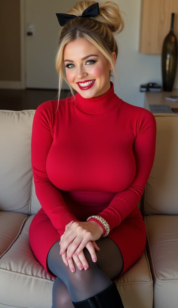 Pamela Anderson in a red shirt is licking her large breasts.