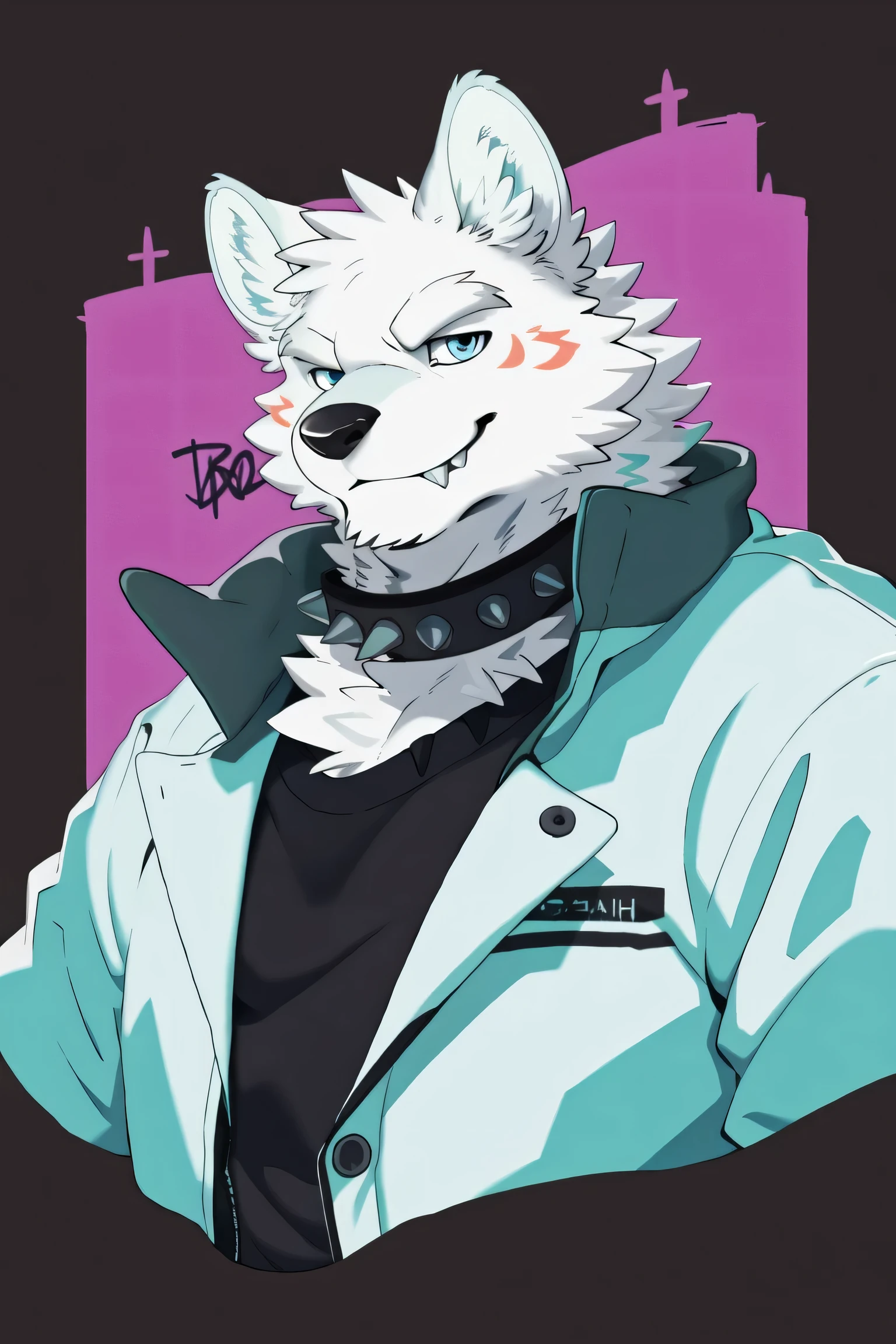 snow wolf, (all white fur:1.5), Alone, Perfect sky blue eyes, Spiked collar, Wearing a white suit, (Artist:Takemoto Arashi), Look at the audience, Mature face, elder, Simple background, naughty face, glint, longeyelashes, naughty face, ( fang out:1.5), Clear facial details, seductive smile, Vaporwave, 80s, retro, 80's style, neon , old-school, zhouyoutup,Tomorrow's Ark, from side, Tonalism, tachi-e, best quality, UHD, super detail, high details