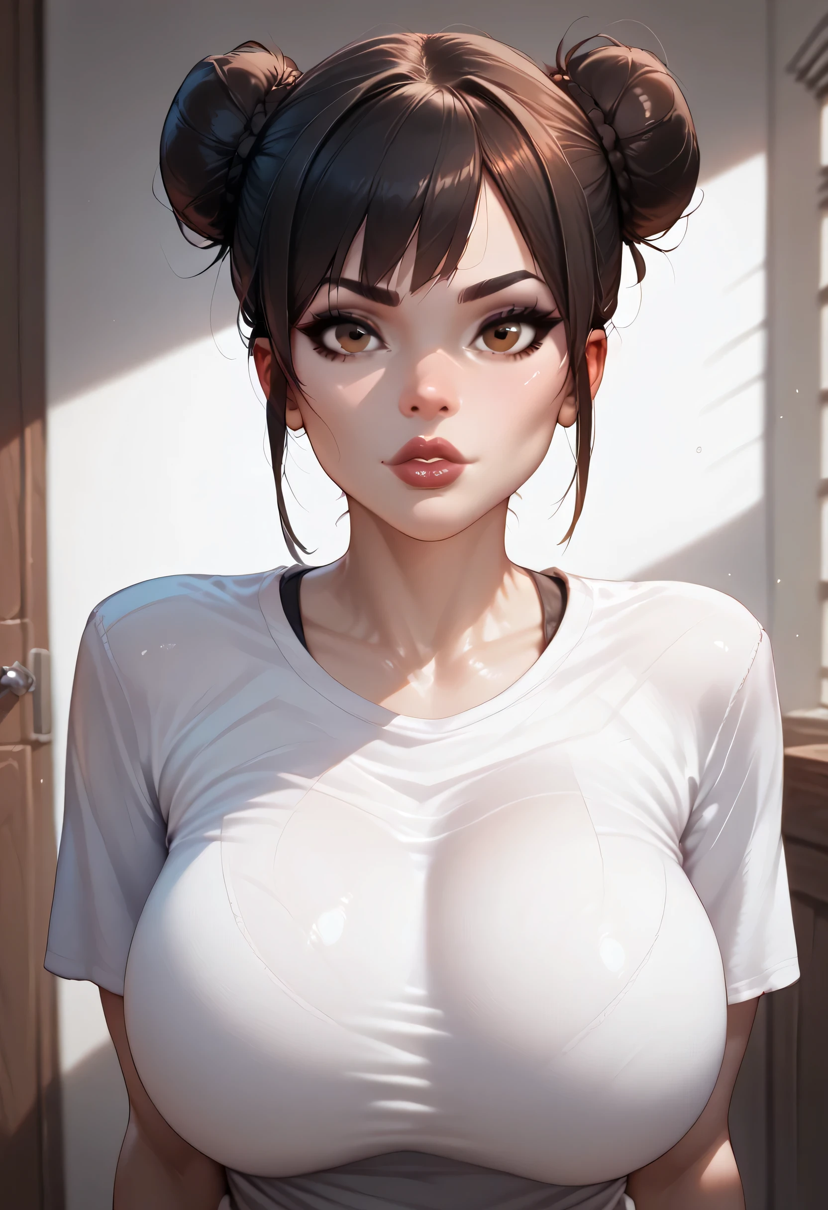 realistic, black bun hair kont top, black eyebrows, brown eyes, red thick lips, perfect face, (large breasts:1.3), white t-shirt, (looking at viewer)