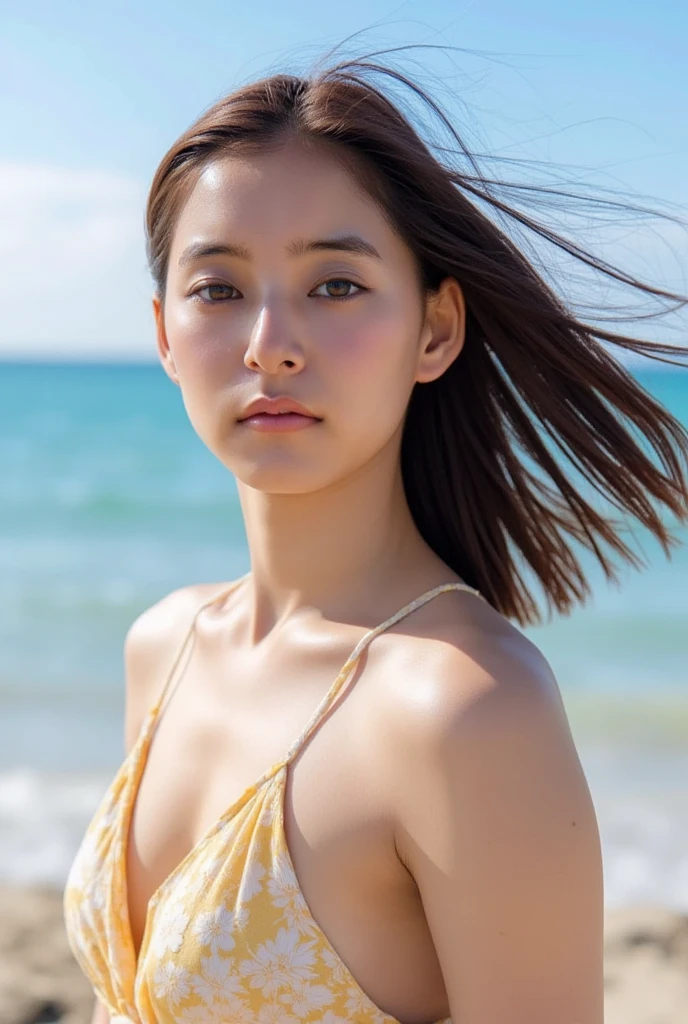 Movie photos of beautiful Korean fashion model bokeh train , Good skin , Half Korean, half Thai , Shoot close to the face , For sale skin care , long brown hair , Wear a beige outfit , Japanese background in brown tones , Light shines in from the left side. , hair blowing in the wind, gaze looking beyond,red blush,Strong sunshine,delicate and messy hair,realistic skin textures, Pronounced pores and skin wrinkles,tropical rainforest,((strong light shines on the face)), The upper part of the body, naked portrait, nude photography, detailed armpit, pussy pubic hair, shiny nipple