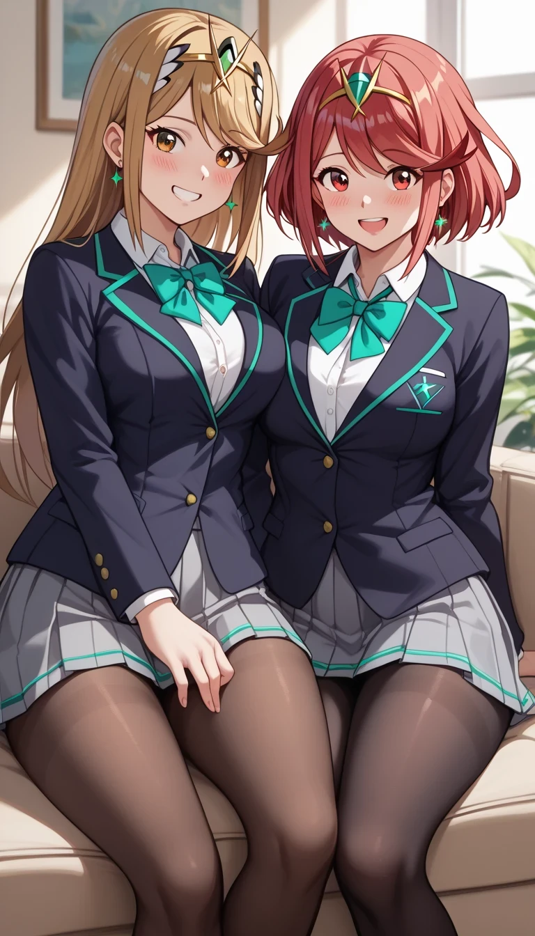 score_9, score_8_up, score_7_up, source_anime、top quality、8k、 masterpiece、ultra high definition、 natural light、perfect anatomy、 perfect eye、beautiful eyes、((((two women))))、medium breasts、saggy breasts:1.2、Pyra , mythra, (school uniform、blazer、miniskirt、pantyhose)、((is embarrassing:1.3、happy))、(living room I woke up)、sit on the couch