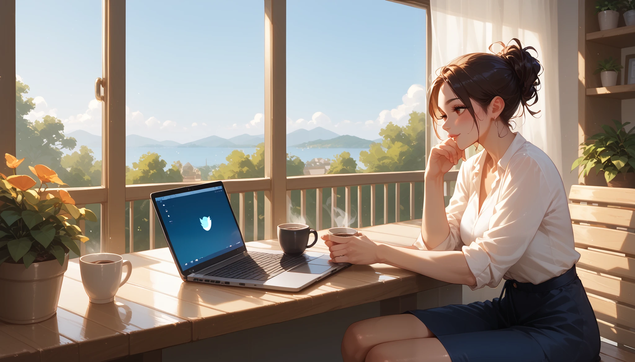 "A beautiful face and nice body, a woman sitting on a balcony, working on her laptop." She is dressed casually, with a cup of coffee on the table. The fresh air and scenic view create a refreshing and inspiring work environment.