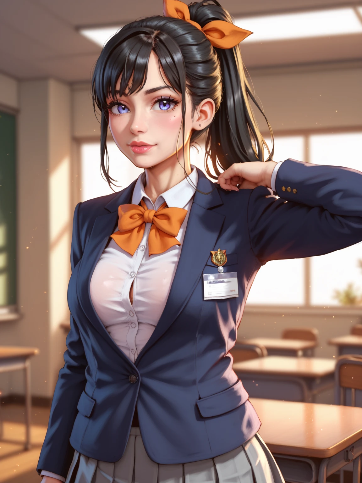 (ultra realistic,32k,RAW photo:1.1),(high detailed skin:1.1), 8k uhd, dslr, high quality, film grain, (makeup, mascara:1.1), lips,(thick\lips\),
(shiny glossy translucent clothing:1.1), <lora:sonoda_chiyoko_v1:0.7>aachiyoko, double bun, twintails, neck ribbon, yellow ribbon, collared shirt, sweater vest, blazer, black jacket, open clothes, long sleeves, plaid skirt, brown skirt, <lora:add_detail:0.92>, huge breast,
Posing as if holding a large book, (upper body:1.1)
(busty:1.1) , (chubby:0.1),(lighting:1.2),<lora:LowRA:0.4>, dark theme, college campus, academic buildings, bustling students, learning