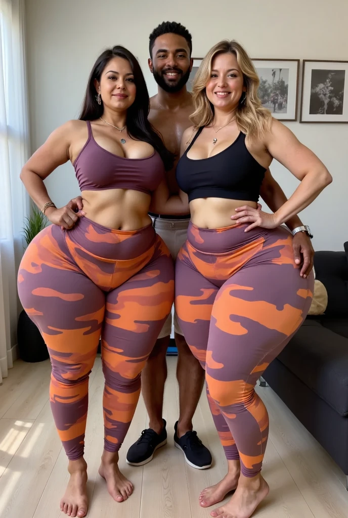 3girls, 1man, One Handsome short-haired tall huge barbarian beefy muscular Chad in center-of-composition hugging three beautiful women tackling him and touching him and feeling him and snuggling him, tight-shirts and long yoga-pants, dark-haired, Curly hair, long afro curly hair, green colored eyes, Envisage parfait, large full breasts, Dark skinned, ((Best Quality)), Eyes and faces with detailed, tight-shirt and long yoga-pants, early evening, grope, squeeze (the girls express desire towards the only man and surround him)