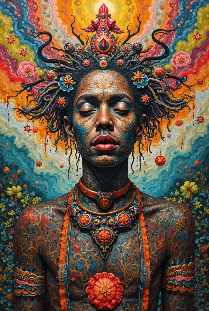 a wide angle shot of a black girl with colorful dreadlocks in a field of candy, by Adi granov and afarin sajedi and amanda sage and evgeni gordiets and Agostino Arrivabene and adonna khare in a psychedelic portrait style, ultrarealistic matte painting, volumetric lighting, fractal, (extremely symmetrical:1.36), highly detailed face, orisha, 8k, hd fantasy, volumetric lighting, highly detailed