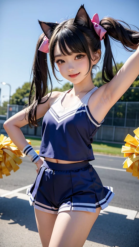 (best quality:1.2), masterpiece, (15-year-old, ultra cute kawaii:1.3), solo, smile, standing, looking at viewer, cowboy shot, (nup, cheerleader:1.2), ((focus on her armpits)), (((Sweaty armpits))), Armpit depression, ((((Dimpled Armpits)))), ((((Deeply wrinkled armpits))))
