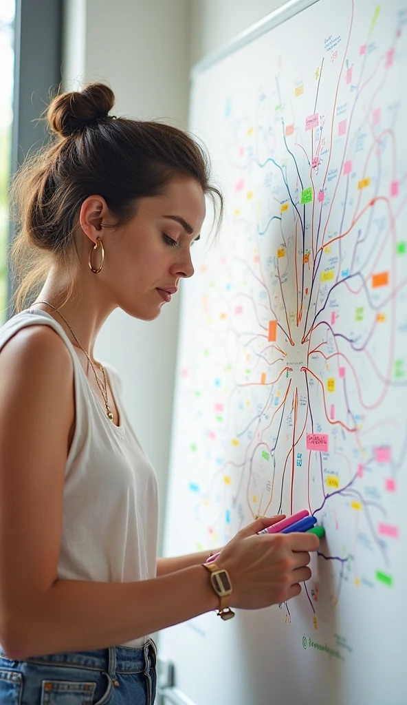 a woman creating a mind map on a white board using pens of various colors