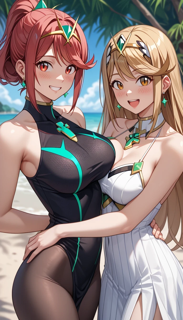 score_9, score_8_up, score_7_up, source_anime、top quality、8k、 masterpiece、ultra high definition、 natural light、perfect anatomy、 perfect eye、beautiful eyes、((((two women))))、medium breasts、saggy breasts:1.2、Pyra , mythra, (party dress、tight long dress that grabs the bust、 high neck、neck slit、pantyhose)、((is embarrassing:1.3、happy))、(Party Venue)、 stand and pose
