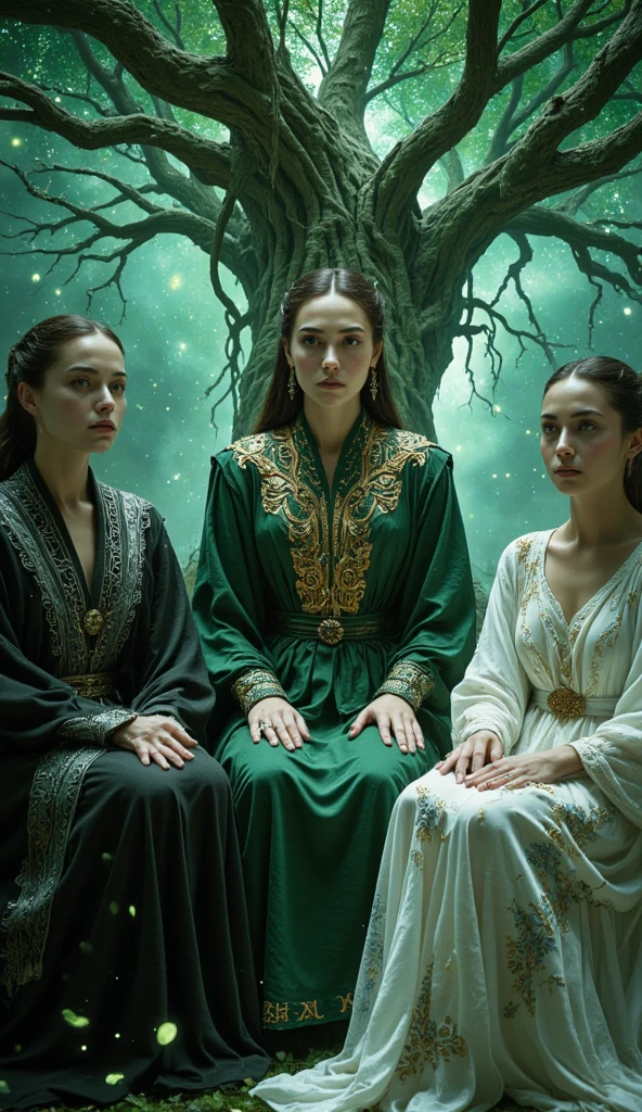 "Create a detailed prompt to generate this image in WAN: Three ethereal ...