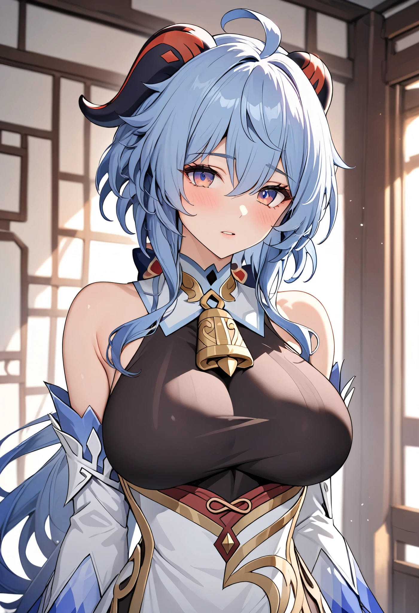 (masterpiece), best quality, expressive eyes, perfect face,Mature female,1 girl (ganyu,Genshin impact),(harem outfit,exposed midriff,topless),royal bedroom background,medium breasts,smile,topless,nipple,slim figure,