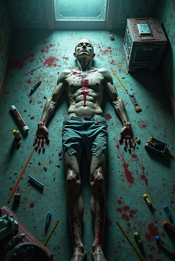 make me a prompt of a crime scene investigation with complete body hands face and foot side view or front view whole body