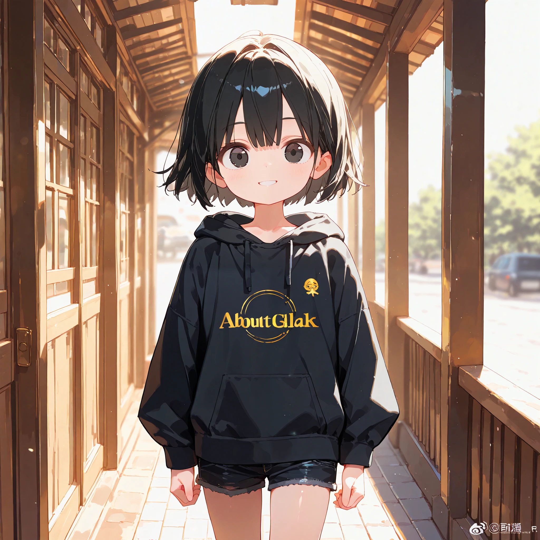(1 young boy), alone, cute, (about ), shiny black short straight hair, (shiny black eyes, big eyes), smiling face, black printed hoodie, black denim shorts, (standing), (looking at viewer), (cowboy shot edit face, 8k, ((masterpiece)), (absurd resolution), super high resolution, ((quiet summer park background, background blur)), (detailed shading), (soft colors, colorful), perfect hands, perfect anatomy.