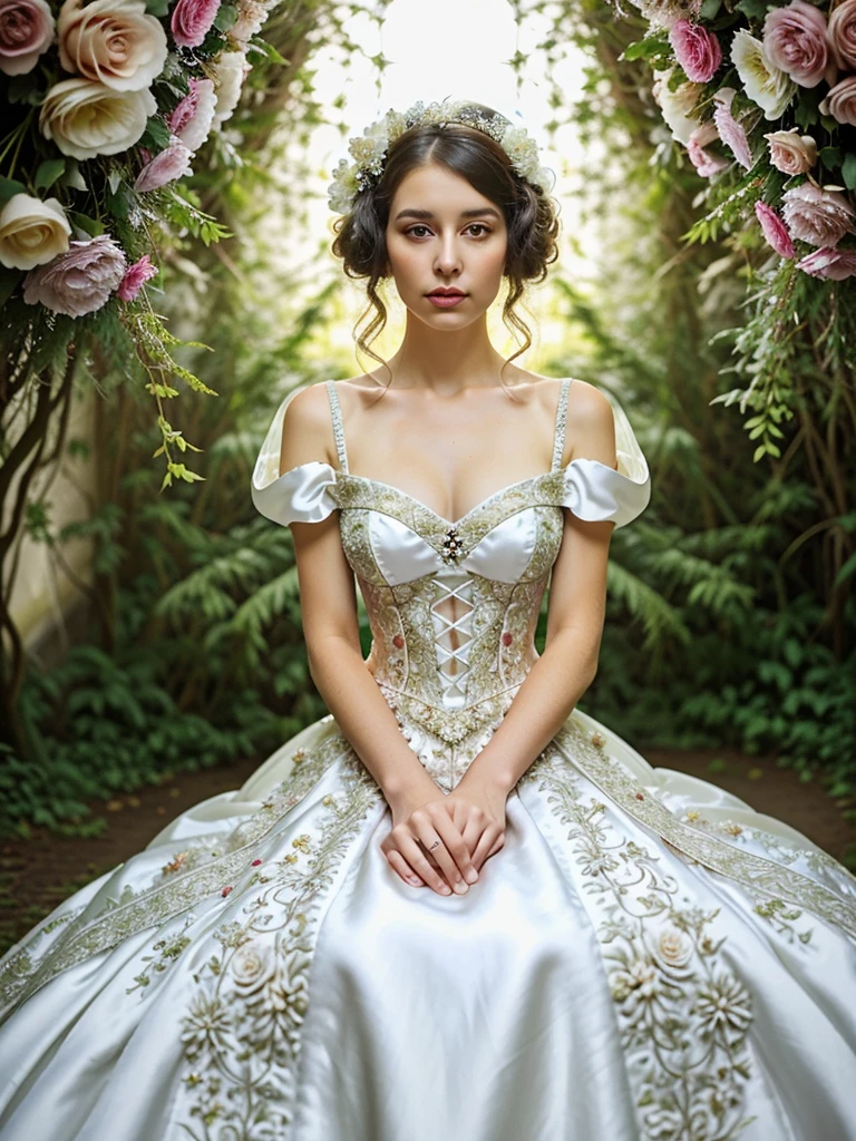 a woman in a white dress sitting on a bed of flowers, intricate fantasy dress, dress in the style of rococo, fantasy long intricate gown, ethereal fairytale, intricate costume design, an intricate dress, elegant baroque, rococo cyberpunk, floral couture, fantasy dress, in a whimsical fairytale forest, intricate gown, intricate victorian dress, style of julia razumova