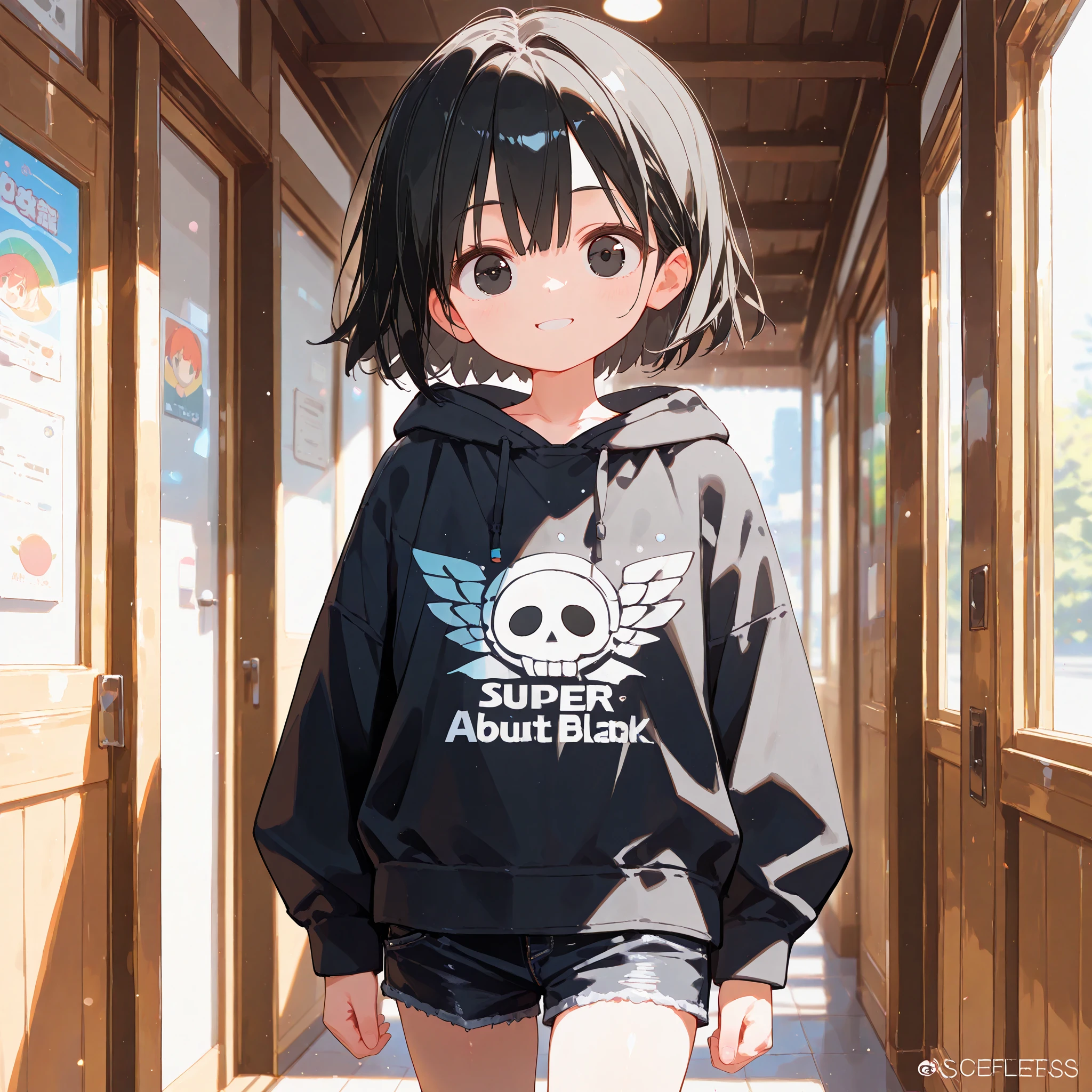 (1 young boy), alone, cute, (about ), shiny black short straight hair, (shiny black eyes, big eyes), smiling face, black printed hoodie, black denim shorts, (standing), (looking at viewer), (cowboy shot edit face, 8k, ((masterpiece)), (absurd resolution), super high resolution, ((quiet summer park background, background blur)), (detailed shading), (soft colors, colorful), perfect hands, perfect anatomy.