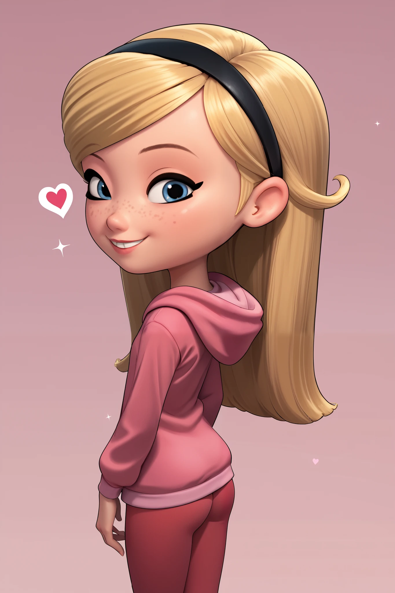 score_9, score_8_up, score_7_up, source_anime, 1girl, solo, penny peterson, long hair, blue eyes, 3d, freckles, blonde hair, ,bright pink hoodie , maroon red leggings, ,hairband, black hairband, ,cute smile , cute giggle, ,one eye closed, backside , cute butt, pink background, hearts, sparkles, ,sexy pose
