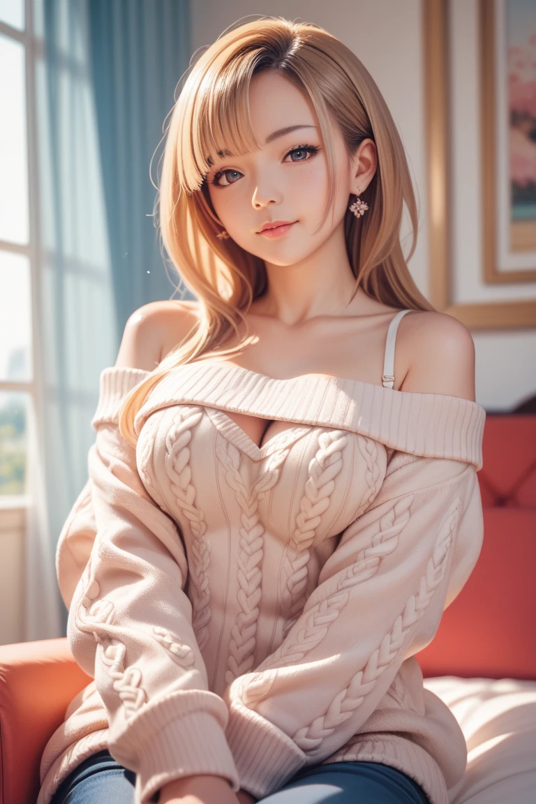 8K quality、High definition、Realistic skin texture、High definitionの瞳、Man Sleeping in Bed、Woman straddling a man、A female cafe owner seduces a male customer、A neat beige knit dress、slender、Model Body Type、Ripe body、Off the shoulder、Realistic female genitalia