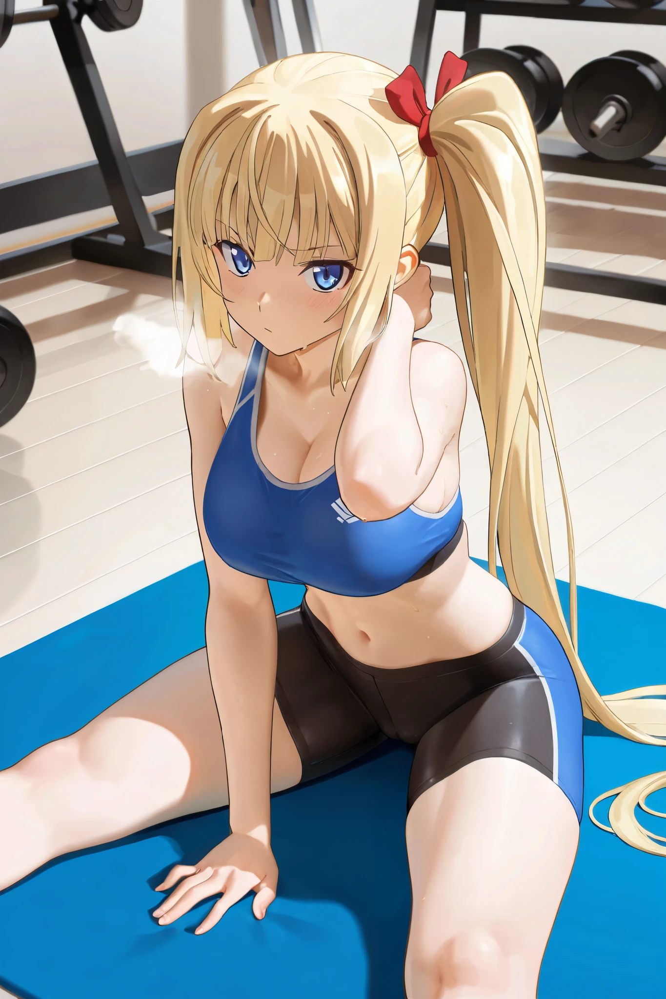 score_9, score_8_up, score_7_up, source_anime BREAK 1girl, <lora:laplace-nikke-richy-v1_pdxl:1> laplace, blonde hair, twintails, long hair, hair ornament, blue eyes, bandaid on face, small breasts, smile, sitting, sports bra