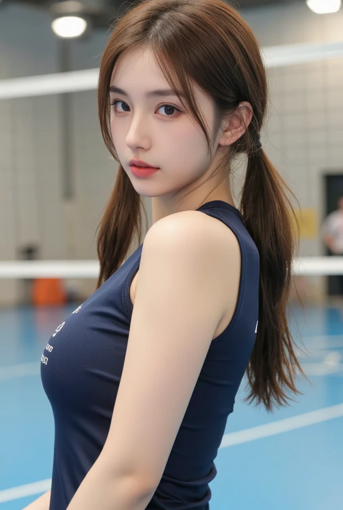 (8K、top-quality、masterpiece:1.2)、(realisitic、Photorealsitic:1.37)、ultra-detailliert、top-quality、超A high resolution、From head to thigh、professionally lit、Photon mapping、Radio City、physically-based renderingt、Cinematic lighting、Basketball court,Gymnasium、depth of fields,Focusing,Sun'rays,Good composition,(Bokeh:1.2),1人,(full body Esbian),(Keep your mouth shut),Beautiful eyes,the pose,Constriction,Basketball Uniforms,Cropped tank top、A dark-haired,poneyTail,(ulzzang-6500:1.2) mix4, hiqcgbody