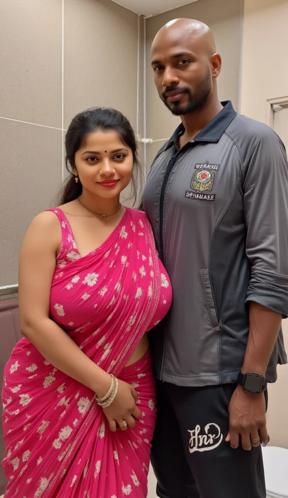 Indian married couple, man and woman, short woman with long hair, big breasts, big hip, big ass, thick curvy, 30 years indian tall man buzz cut wearing shirt and jeans, woman wearing black kurti and leggings, man squezzing woman breast, Couple, sexy face, detailed.