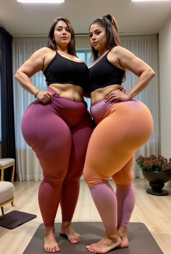 full body photograph of a beautiful woman (((Mother and daughter:1.2))), ((huge each other)), Tight shorts, long sleeve spandex shirt, and sneakers. Very detailed, matte skin, pores, 4K, natural, realistic, photograph, photorealistic. Curvy body shape, cleveage, huge breast, wide hips, thin waist, sexy belly, thick legs, huge booty, round shape butt, (back body view))