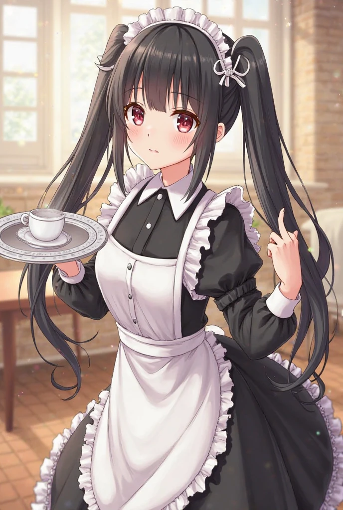 Black longhair loli, wearing a maid outfit, Kneeling, Legs and five fingers, More meat, Cute 2D, backgroundbacklitHD