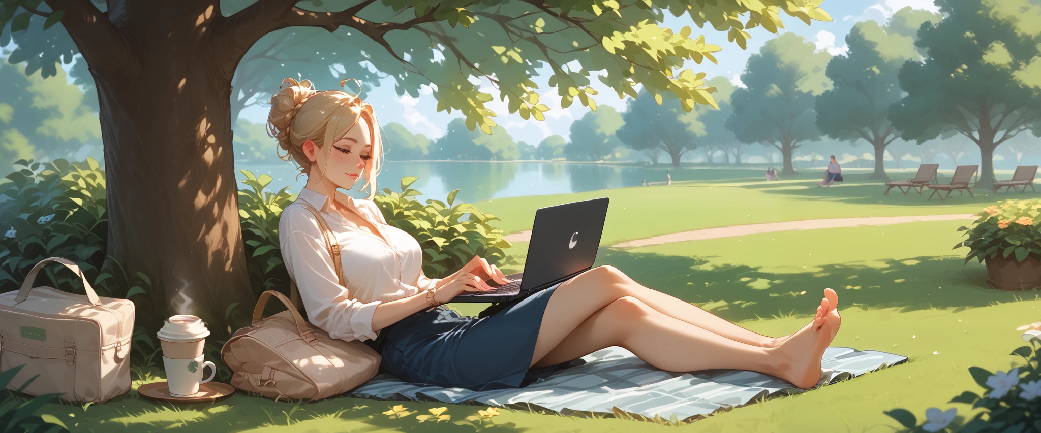"A beautiful face and nice body, a woman sitting under a tree in a park, working on her laptop." She is wearing comfortable outdoor clothes, with a coffee tumbler beside her. The peaceful natural surroundings create a calming and focused work environment.