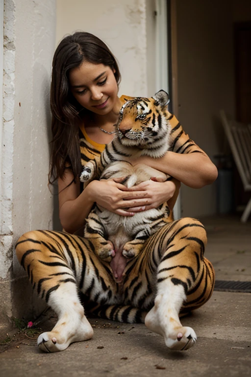 White tiger with animated little cub