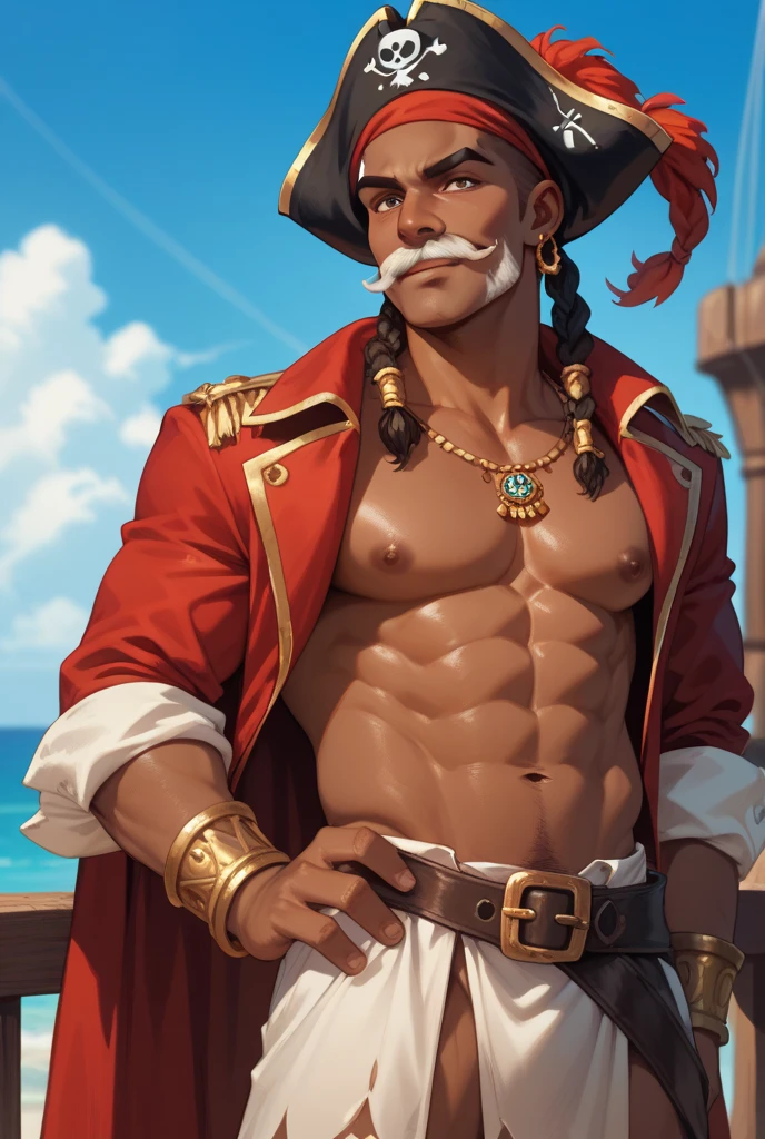 Homem , latino brasileiro, 25 anos , cabelo cacheado muito curto e raspado nas laterais , Sobrancelhas Grossas , usando uma regata branca , bigode , red horns on the side of the head , olhar sedutor. showing the biceps muscles