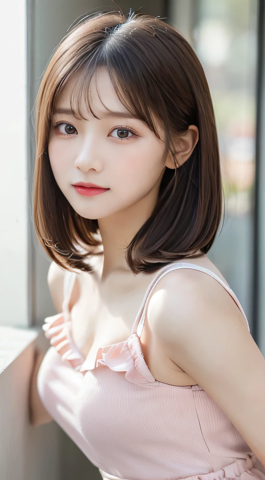 highest quality, 超A high resolution, (Realistic:1.4), One Girl, High nose bridge, short hair, (Outside Bounce), drooping bangs, Flat Chest, smile, (True Face), (24-years-old:1.5), Face Focus,Bronze Hair