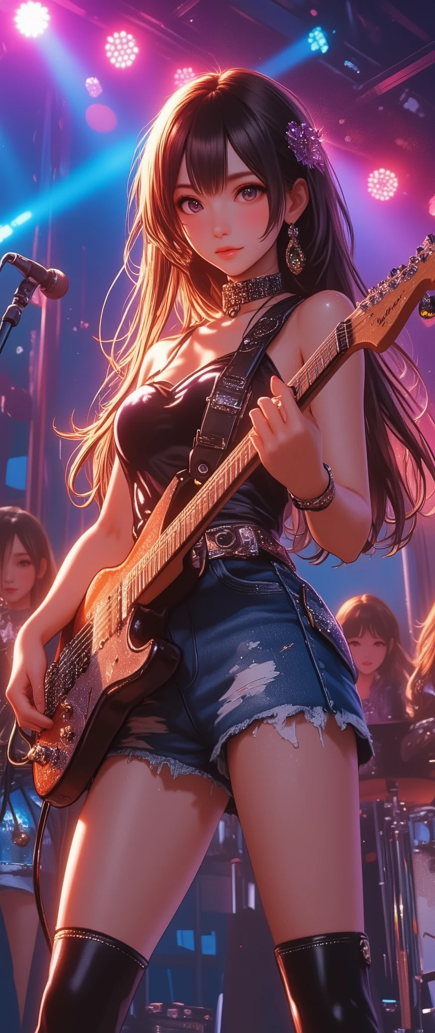 1girl, playing_electron_guitar, (stand in a studio), leather jacket, wearing headphone, masterpiece, best quality, photorealistic