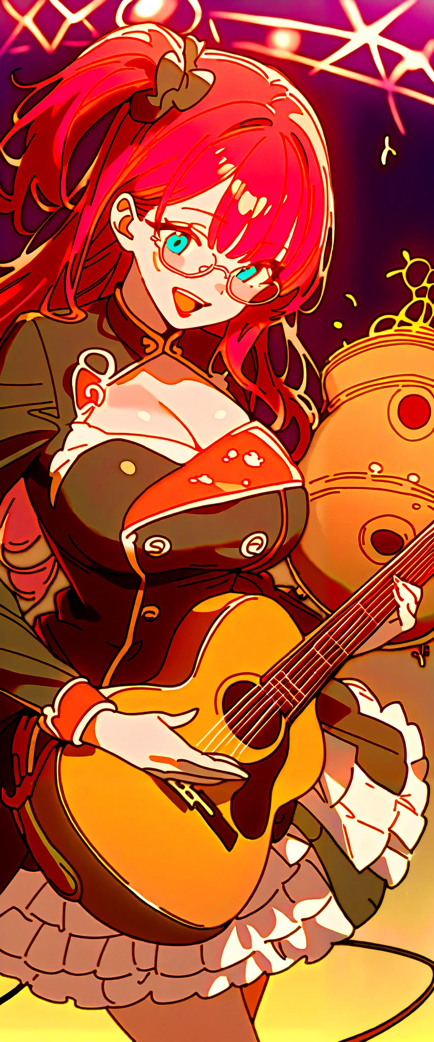 (Best quality, masterpiece), 1 girl, girls band concert on stage, in front of the back band, (playing a guitar on stage: 1.8), glasses, , 1 girl, young female idol, (big well-defined breasted girl, deep cleavage: 1.4), ( goose bump: 0.7), beautiful face, (eyeliner, lipstick: 0.9), 4K, 8k, ultra high resolution, high resolution, detailed background, background,