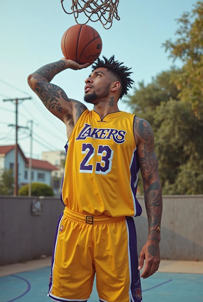 (photorealism:1.2), beautiful man, sitting on chair, wearing lakers jersey, hairstyle like David Beckham in 2016, indoors, soft lighting, plants in background, window with sunlight, cozy room, relaxed pose, realistic, intricate details, warm colors, by Greg Rutkowski, by Alphonse Mucha. no tattoes