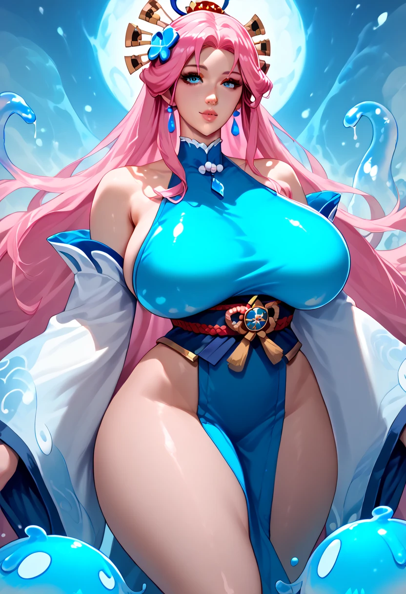handsome girl，blue-eyes，blue pupils，Long pink hair，Hyperresolution，accuracy，Detailed rendering，（Subtle facial image）（Image of fine hair）（topquality）（Masterpieces of masters）（High degree of completeness）（A sense of atmosphere）tmasterpiece，Super detailed and super detailed（half-body portrait), long wavy pink hair, , in water, (((tHICK WAVY HAIR)))(((ANKLE LENGTH HAIR)))(((Blushing)))(((Huge breasts)))(((LARGER BREASTS))) large breasts, bigger breasts (((Bigger breasts))) (((Blushing))) (((Sakimichan))) (((Pink hair)))