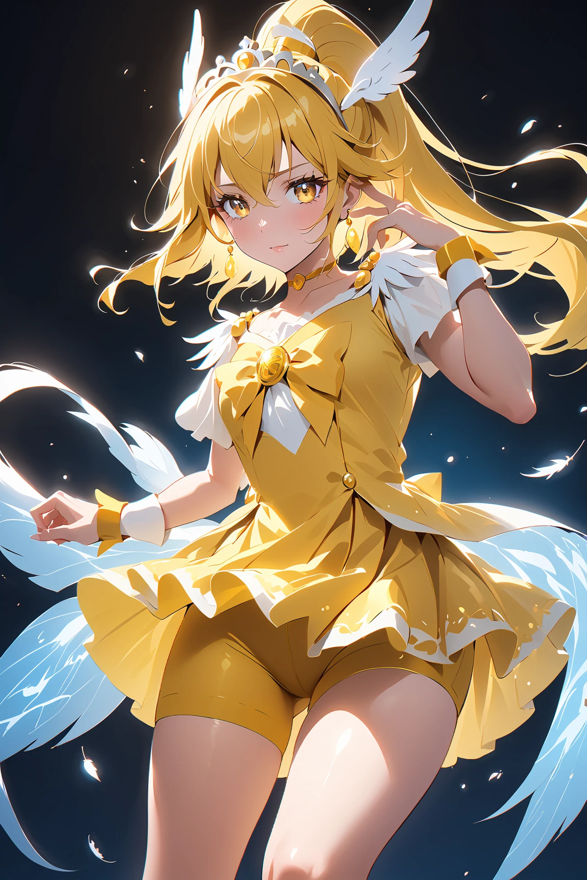 yellow hair, blue eyes, ((magical girl)), long boots, 美少女, ((单人)), ((upskirt)), yellow dress, bdsm, ((spread legs)), ((white panties)), ((紧缚)), ((抬腿))