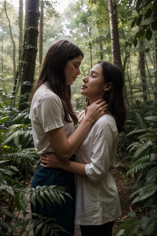 A couple of 13-year-old lovers, the same height, naked and embracing, in a forest of ferns with a blue sky and white clouds in the background, with their feet bare under the thin grass. They are in a loving and intimate pose and with a look of pleasure. They are sensually embraced and completely naked and barefoot under the thin grass, standing head to toe barefoot in a forest of ferns with a blue sky and white clouds in the background. The boy must have an erect penis and a muscular chest. and the girl must have a vagina. The boy and girl must have a slender body and the same height. The boy and girl must be completely naked and hugging each other.