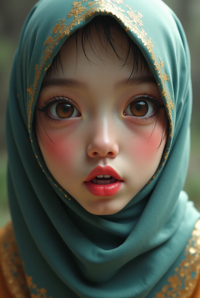 Pastel color with delicate flower printed hijab Indonesian-Arabic Girl, realistic background, non model shot, unblurred people in background