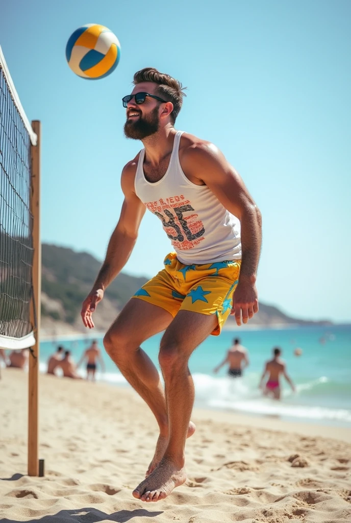 A handsome 27-year-old tall white young man in a men's fashion show on the beach shore wearing a de bandera paraguay swimsuit with a beach ball in his hand. Many people applaud him and bubbles are around him. Tight boxer shorts in the colors De paraguay flag. Unshaved, white, tall with black hair flaquito