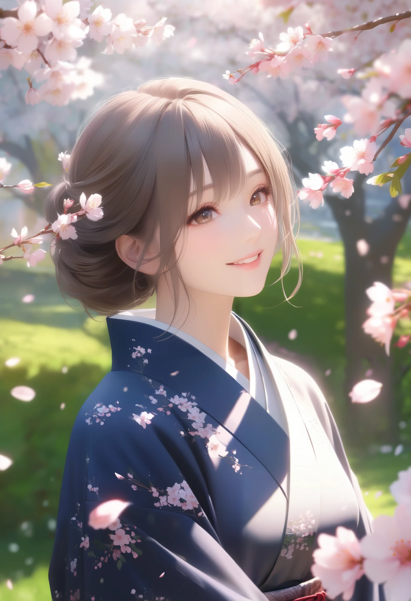 0__11Xx _Illu's Cherry Blossom Viewing, Cherry Blossoms Scattering Soft Light, 1woman, Laughing Under a Cherry Blossom Tree, Soft Woman's Smile, Bright Spring Sunlight, Light Pink Petals, Cherry Blossom Branches Swaying in the Wind, Lush Garden , Delicate Skin Textures, Clean Spring Scenery, high quality, Masterpiece, realistic, 4K render, excellent detail, Professional, bright colors, Bokeh,
I'm wearing a dark blue Japanese kimono, I pursue Japanese aesthetics that conveys wabi-sabi, Beautiful Clear Brown Eyes , Spring comes along with cherry blossoms, Super realism