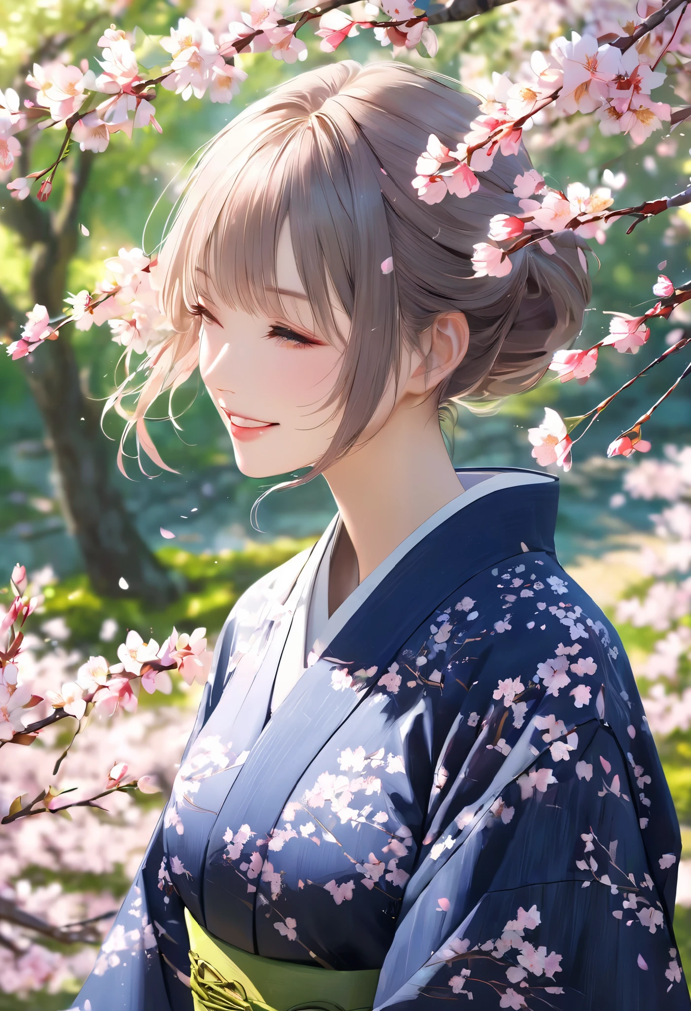 0__11Xx _Illu's Cherry Blossom Viewing, Cherry Blossoms Scattering Soft Light, 1woman, Laughing Under a Cherry Blossom Tree, Soft Woman's Smile, Bright Spring Sunlight, Light Pink Petals, Cherry Blossom Branches Swaying in the Wind, Lush Garden , Delicate Skin Textures, Clean Spring Scenery, high quality, Masterpiece, realistic, 4K render, excellent detail, Professional, bright colors, Bokeh,
I'm wearing a dark blue Japanese kimono, I pursue Japanese aesthetics that conveys wabi-sabi, Super realism