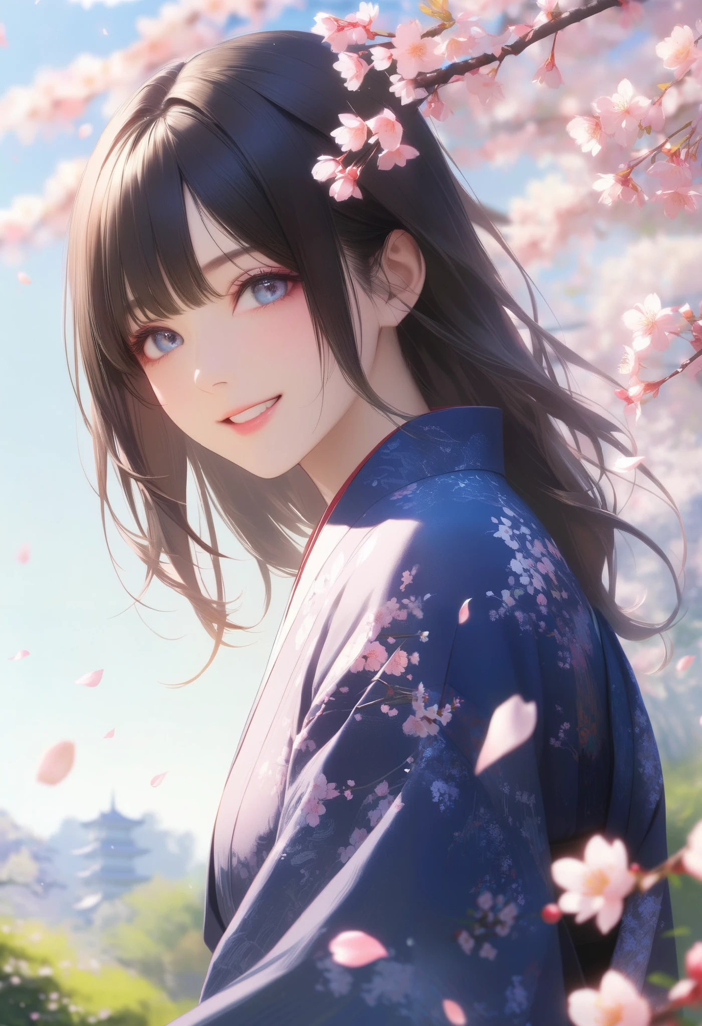 0__11Xx _Illu's Cherry Blossom Viewing, Cherry Blossoms Scattering Soft Light, 1woman, Laughing Under a Cherry Blossom Tree, Soft Woman's Smile, Bright Spring Sunlight, Light Pink Petals, Cherry Blossom Branches Swaying in the Wind, Lush Garden , Delicate Skin Textures, Clean Spring Scenery, high quality, Masterpiece, realistic, 4K render, excellent detail, Professional, bright colors, Bokeh,
I'm wearing a dark blue Japanese kimono, I pursue Japanese aesthetics that conveys wabi-sabi, beautiful clear eyes, Super realism