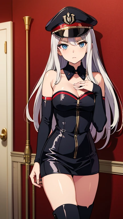 Anime girl, prettify, femme fatale, noir, detective, dress, reasturant,shadow, silver hair, heterochromia eyes,her left eye is gray, her right eye is red rose, straight hair, straight hair cut and straight blunt bangs, strictly straight cutted bangs, hime hairstyle