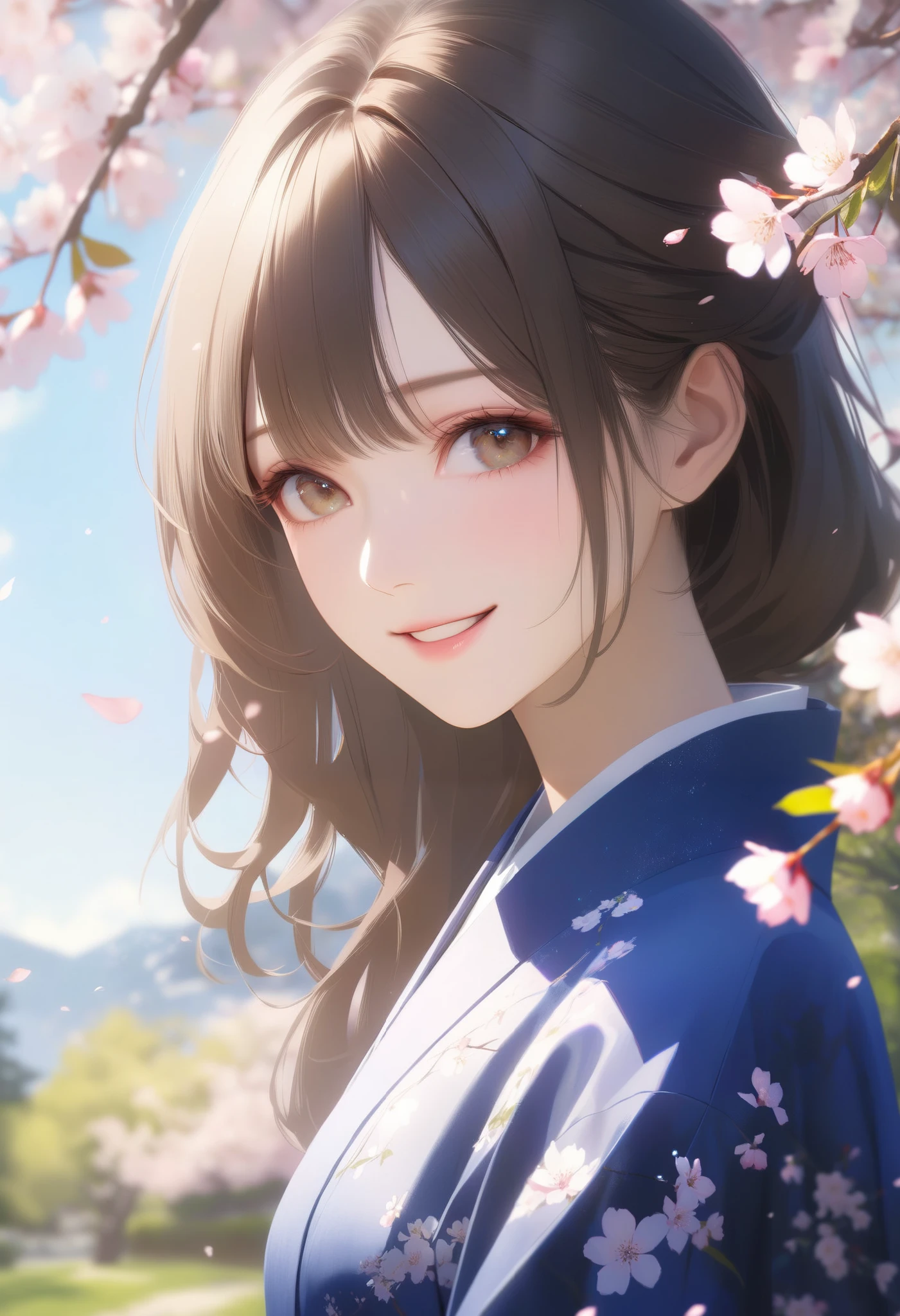 0__11Xx _Illu's Cherry Blossom Viewing, Cherry Blossoms Scattering Soft Light, 1woman, Laughing Under a Cherry Blossom Tree, Soft Woman's Smile, Bright Spring Sunlight, Light Pink Petals, Cherry Blossom Branches Swaying in the Wind, Lush Garden , Delicate Skin Textures, Clean Spring Scenery, high quality, Masterpiece, realistic, 4K render, excellent detail, Professional, bright colors, Bokeh,
I'm wearing a dark blue Japanese kimono, I pursue Japanese aesthetics that conveys wabi-sabi, Beautiful Clear Brown Eyes , Super realism
