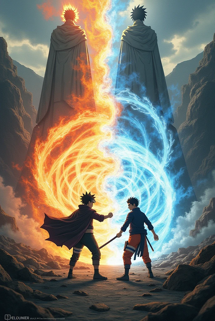 2D, anime, Reimagine the most epic battle of Naruto as a visually stunning and dramatic scene. Picture Naruto Uzumaki and Sasuke Uchiha locked in a fierce, climactic duel atop a crumbling mountain peak, with a vast, stormy sky swirling above them. Naruto, in his Sage of the Six Paths form, is unleashing a massive Rasengan, its energy crackling with vibrant blues and whites, while Sasuke counters with a colossal Chidori, glowing with intense purples and blacks. 

Surround them with swirling, dynamic elements of their respective powers: Naruto’s aura is a dazzling mix of golden and crimson energy, while Sasuke’s is a dark, electrifying haze. Add visual effects like lightning, energy shockwaves, and debris flying from their intense clash. In the background, incorporate a shattered, panoramic view of Konoha and distant battle scenes to convey the scale and impact of their confrontation. 

Include dramatic lighting that casts stark contrasts and emphasizes the explosive nature of their battle. Add a caption like “The Final Clash: Naruto vs. Sasuke – The Ultimate Test of Power and Will” in bold, fiery text to highlight the gravity and intensity of the battle.