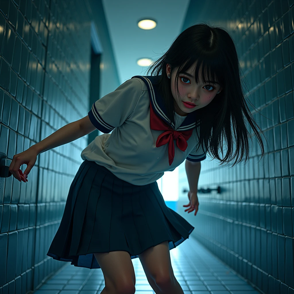 Imagine a Korean woman with straight black hair, wearing a school uniform. she's in a bathroom, with tiles in the background. She looks surprised and a little scared., with one foot raised and a small bandage. The environment is a bit disorganized to give the impression that she has just fallen. If you need anything else, just let me know!