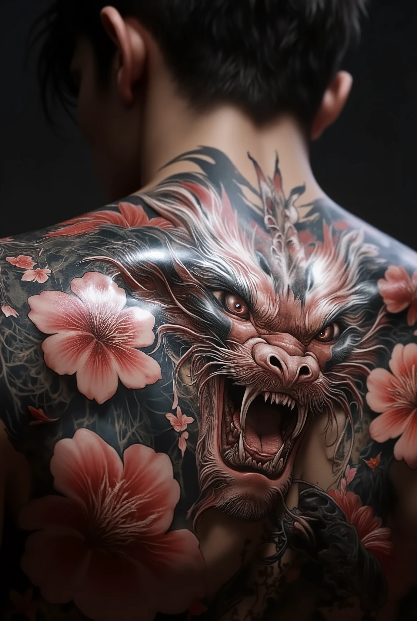A close-up of a Yakuza member's back, showcasing a full irezumi tattoo of a fierce dragon intertwined with cherry blossoms. The intricate details of the tattoo are illuminated by soft, dim lighting, revealing the cultural and symbolic importance of the art. The background fades into darkness, drawing focus to the tattoo's vibrant colors and bold design