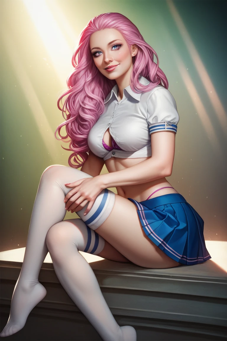 Sucking on pink lollipop, lollipop in mouth, pink hair ,glossy lips, earrings, thong peek, transparent pleated microskirt, transparent crop top, underboob, belly button, black thigh-highs, black elbow gloves, evil smile, looking down on viewer, sitting down ,legs spread, upskirt, night sky background