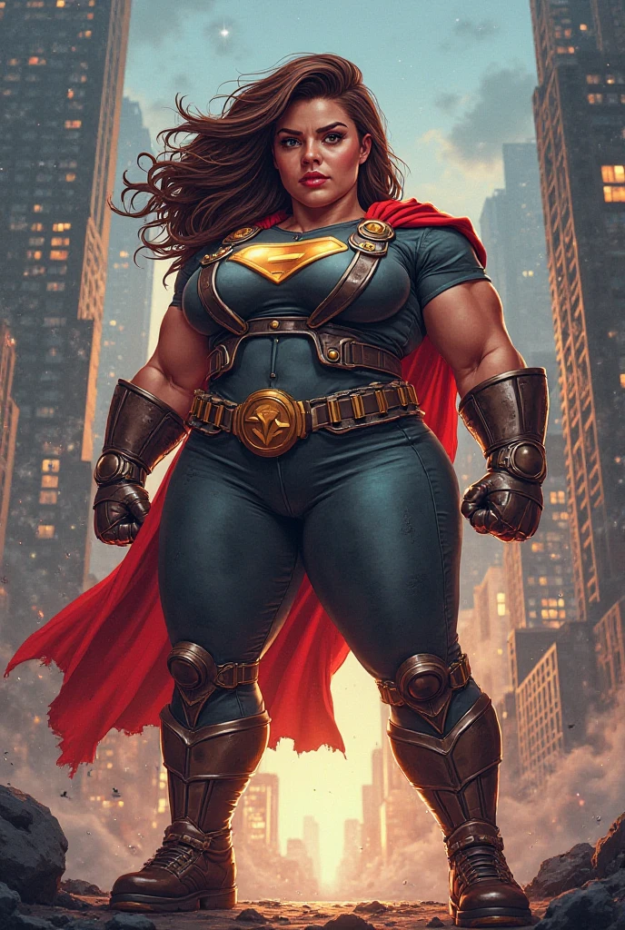 American World War II poster, Gil Elvgren style ((USA Poster, American Poster)) (((A young woman with straight dark hair long size up to her waist in superhero pose))) ((detailed outfit entirely red with gold)) (cars in the background of the image) (((robotic left arm)) (((cyberpunk arm))propaganda Poster, hero uniform, 1 girl, solo, good body, poster design, poster art style. 1980s, 1950s, 1960s, 1940s, basic color scheme, very colorful poster, colorful art, third rule, inspiring, woman, 1 25-year-old girl, hair blowing in the wind, looking at the viewer, blurred background, thick legs, green eyes, (wide hips:1.2), (chubby:1.2), (huge breasts:1.3),